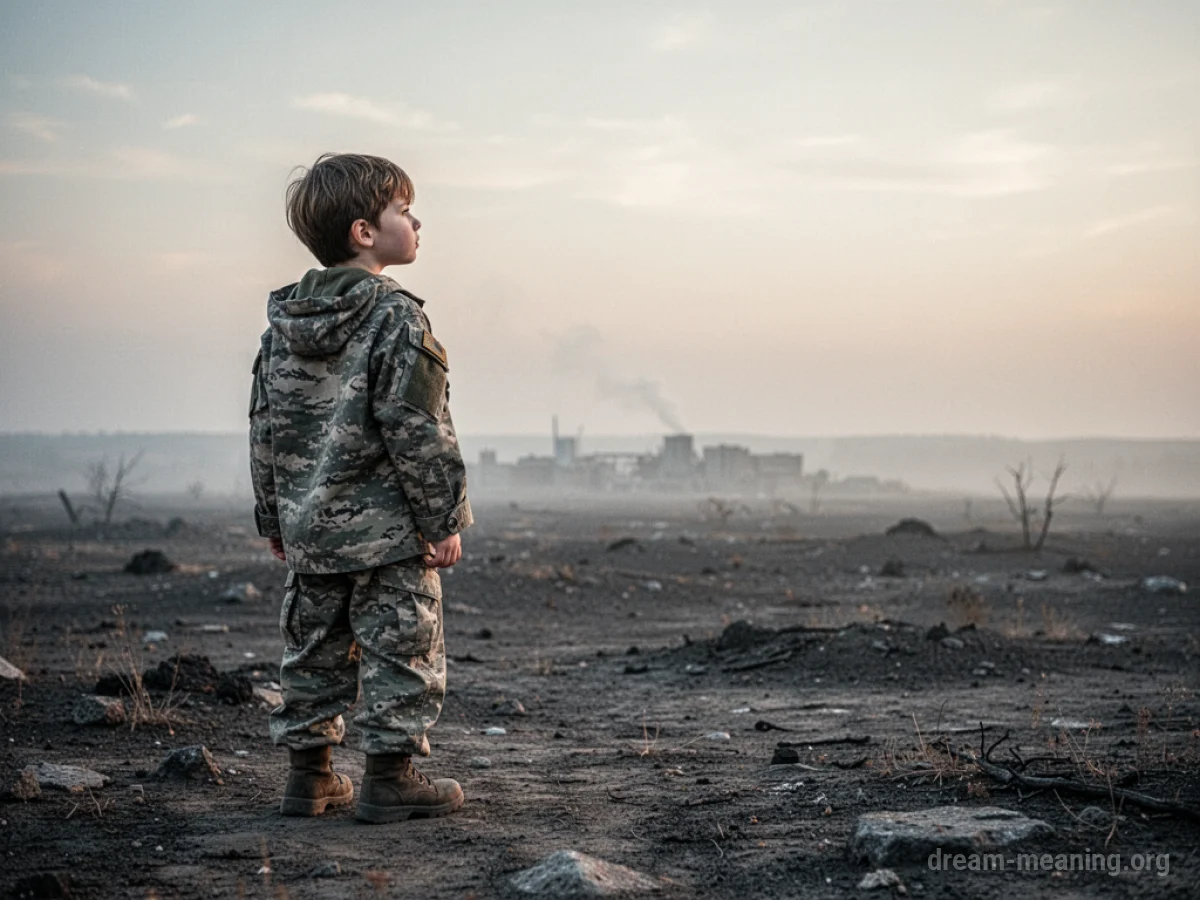 A small child in military clothing stands alone in a barren field.