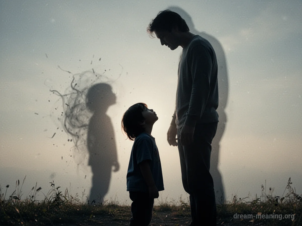 Silhouette of a child looking up at a parent with a faint shadow behind the child.