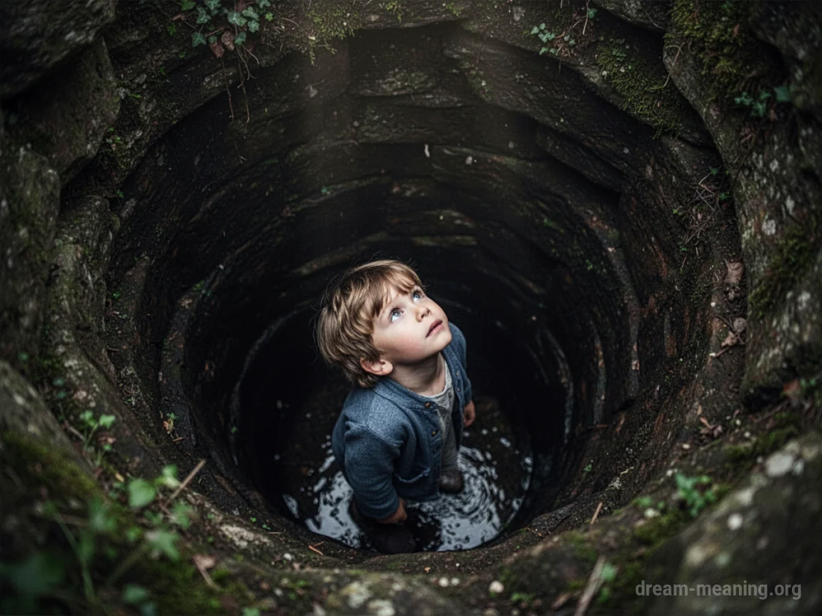 A young child peers out from the depths of a circular stone well.