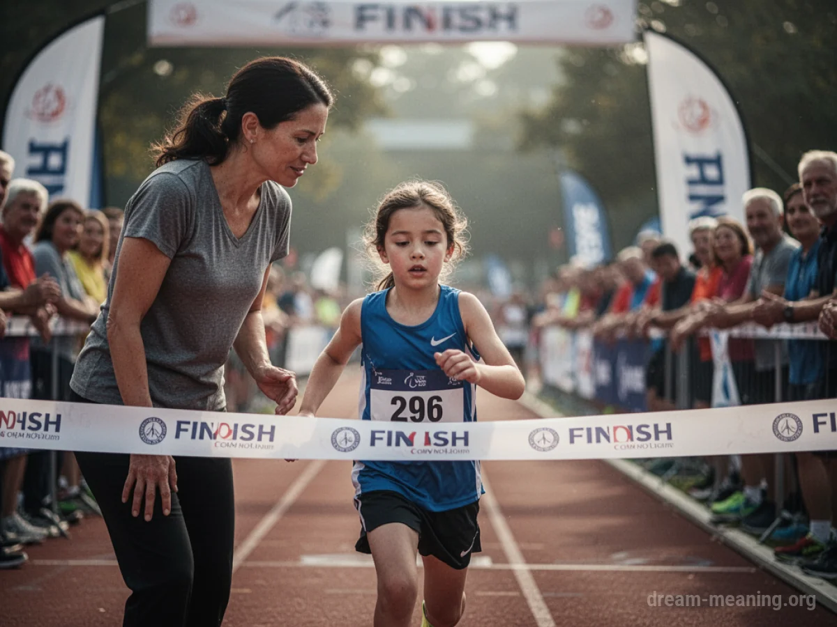 A parent watches a child cross a finish line.