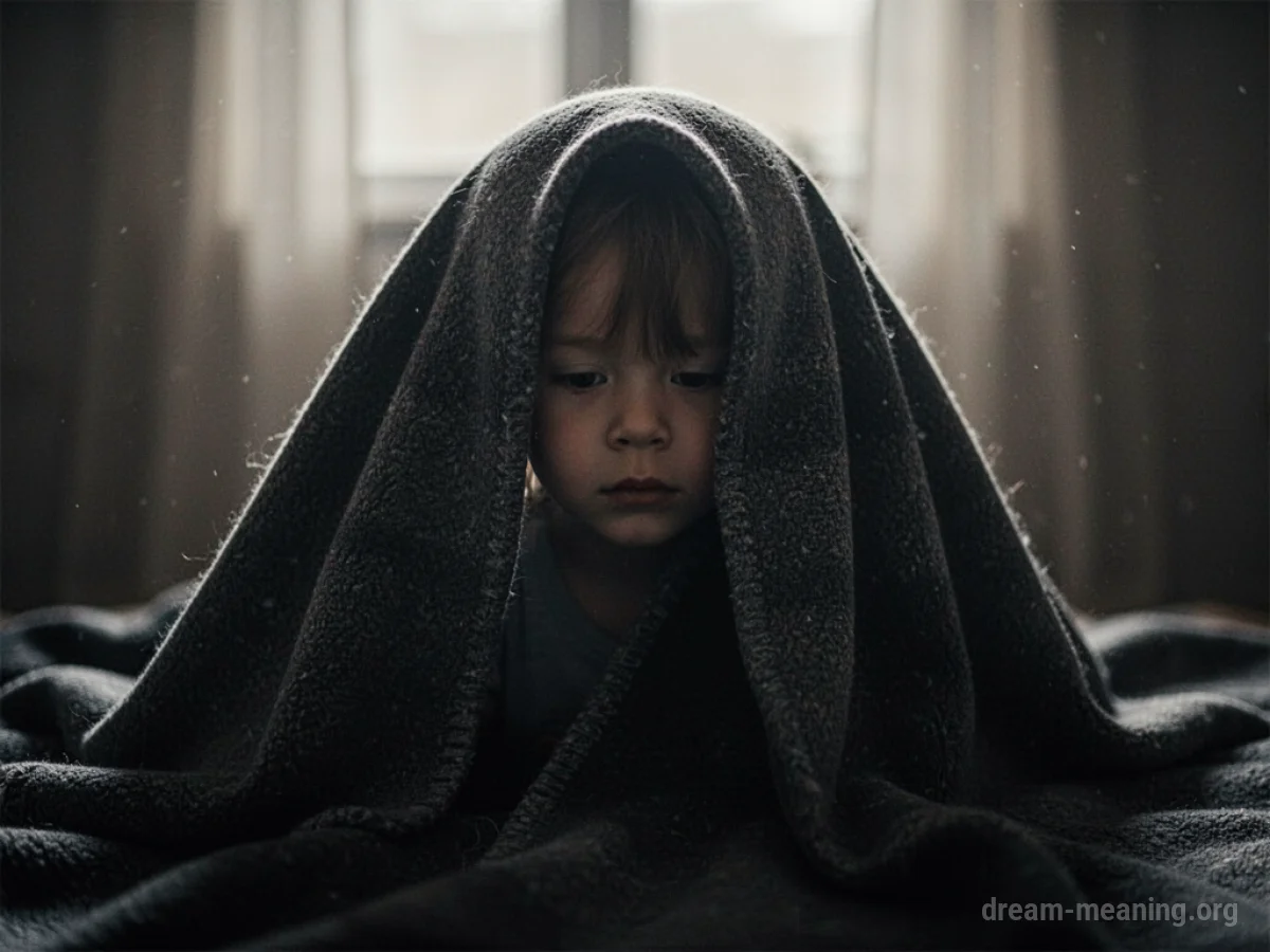 Silhouette of a child partially covered by a dark, heavy fabric.