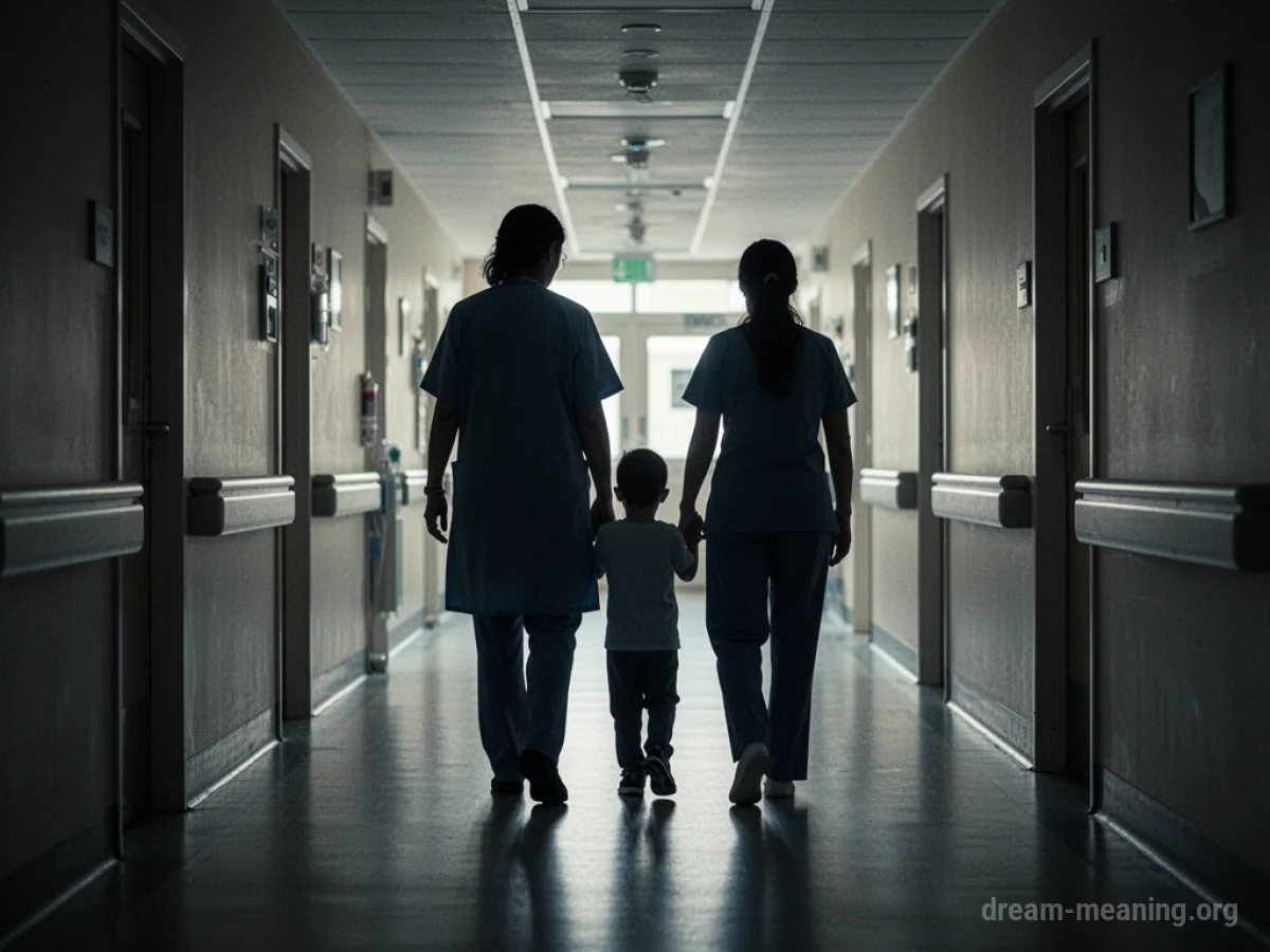 Silhouette of a parent holding a child's hand in a hospital hallway.