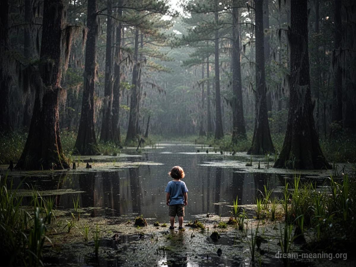 A small child stands near the edge of a dark, muddy swamp.
