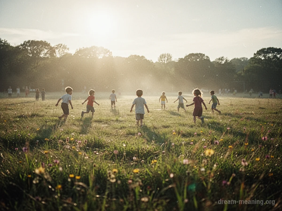 Children playing in a sunny field on a summer day, viewed through a soft, hazy atmosphere.