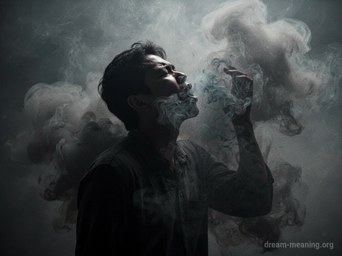Silhouette of a person gasping for air within thick, dark smoke.
