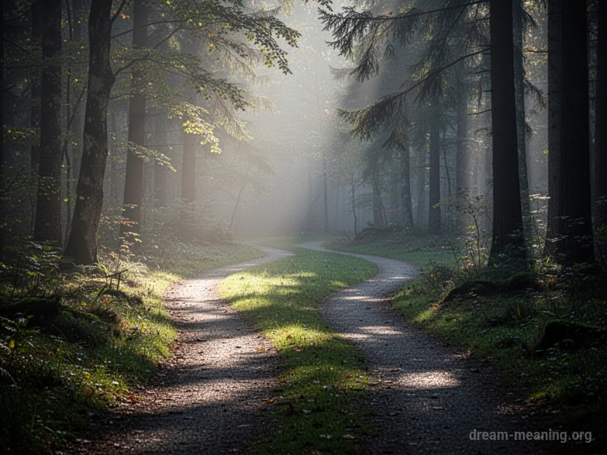 Two diverging paths in a misty forest.
