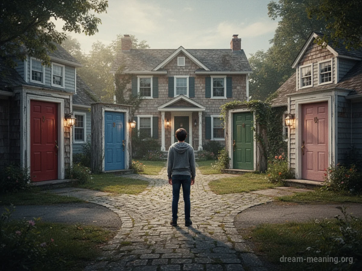 A person at a crossroads facing several doors, each revealing a different house.