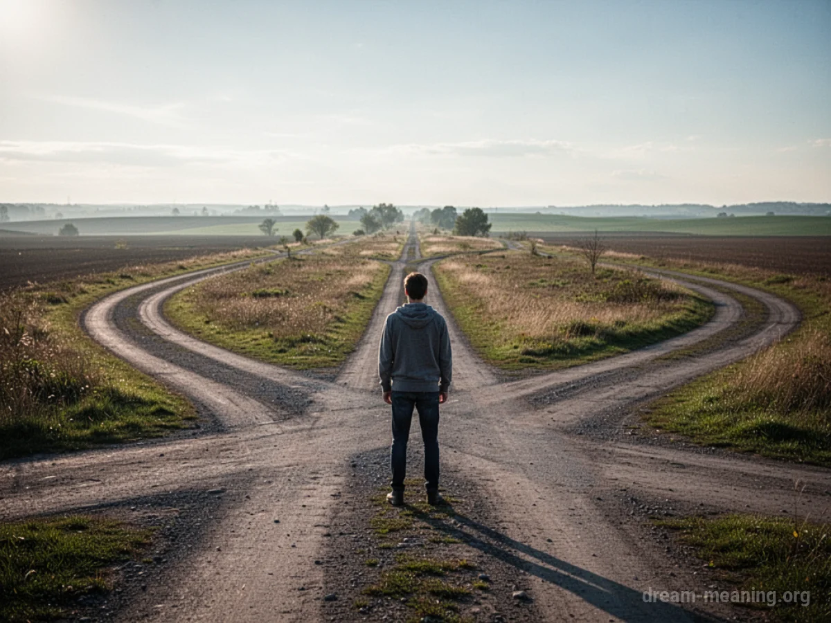 A person at a crossroads with several paths ahead.