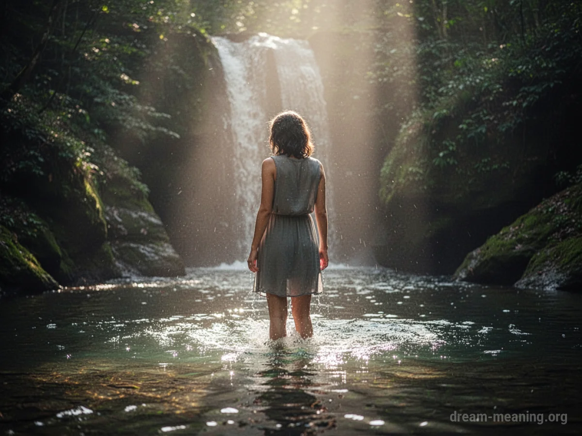 Silhouette of a person in a peaceful, illuminated space with flowing water.