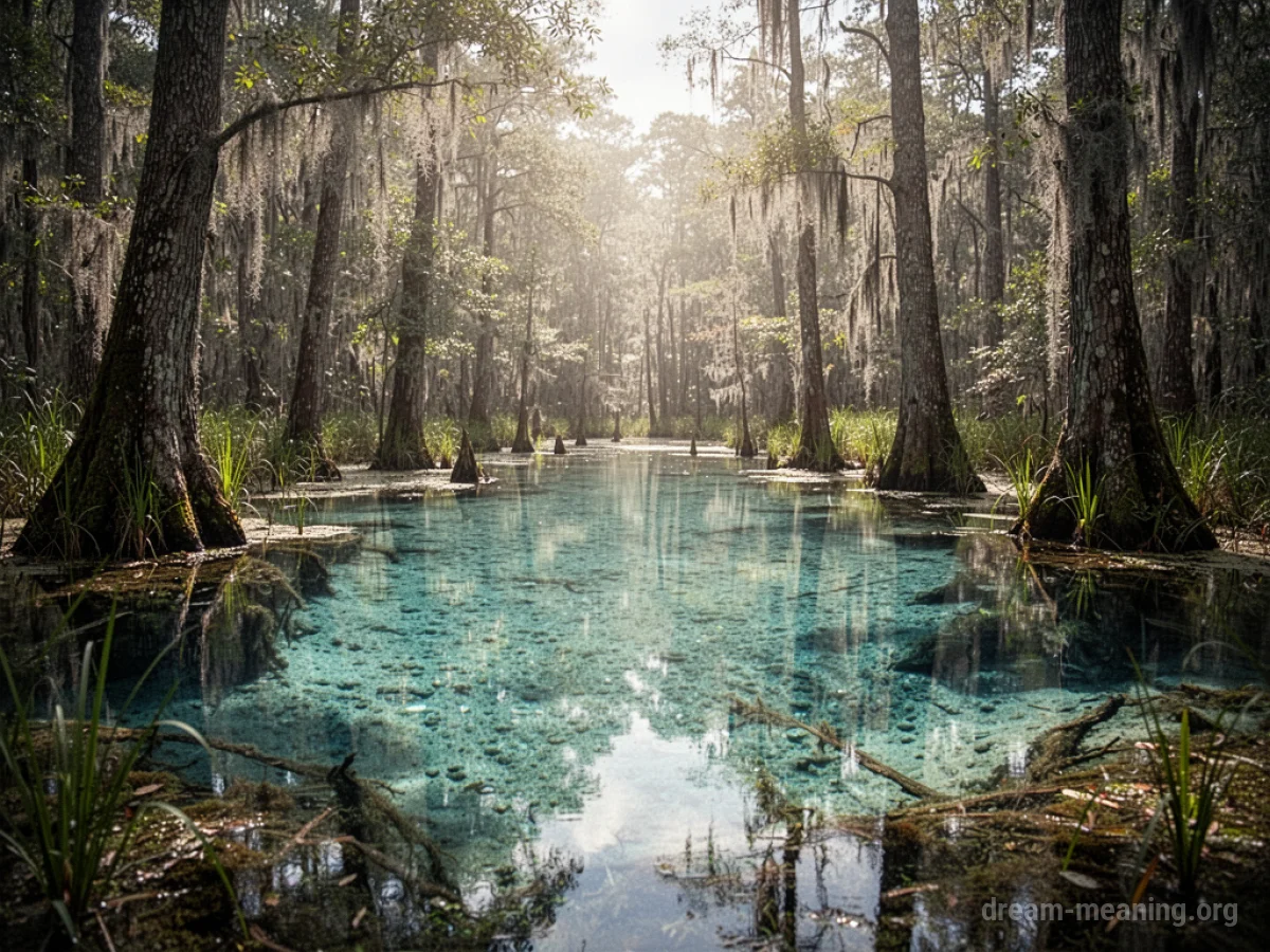 Sunlight shining on clear water in a swamp.