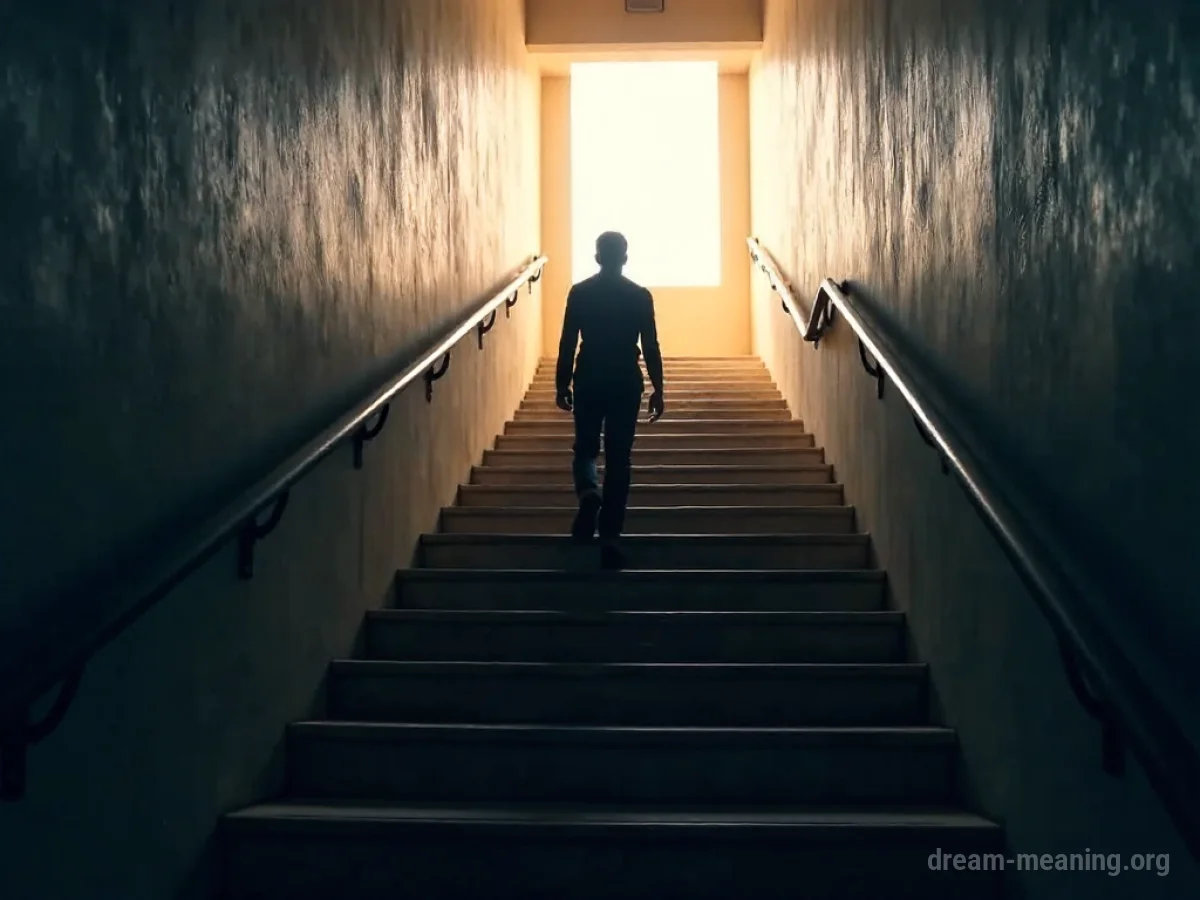 Legs ascending a wide staircase towards a bright light at the top.