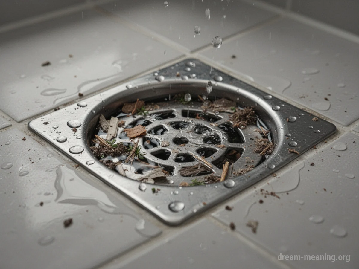 A shower drain filled with hair and standing water.