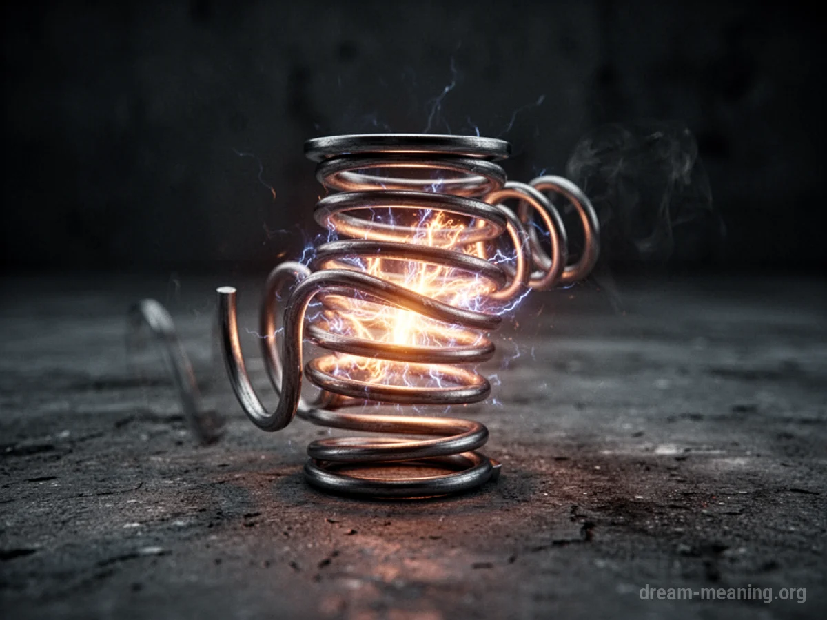 A metal coil spring tightly wound.