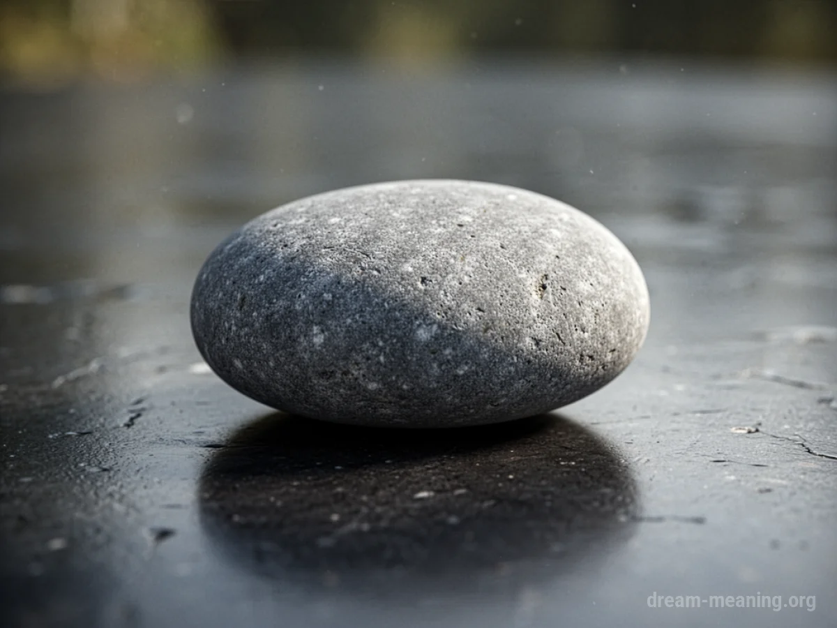 A grey stone sitting on a dark, reflective surface.