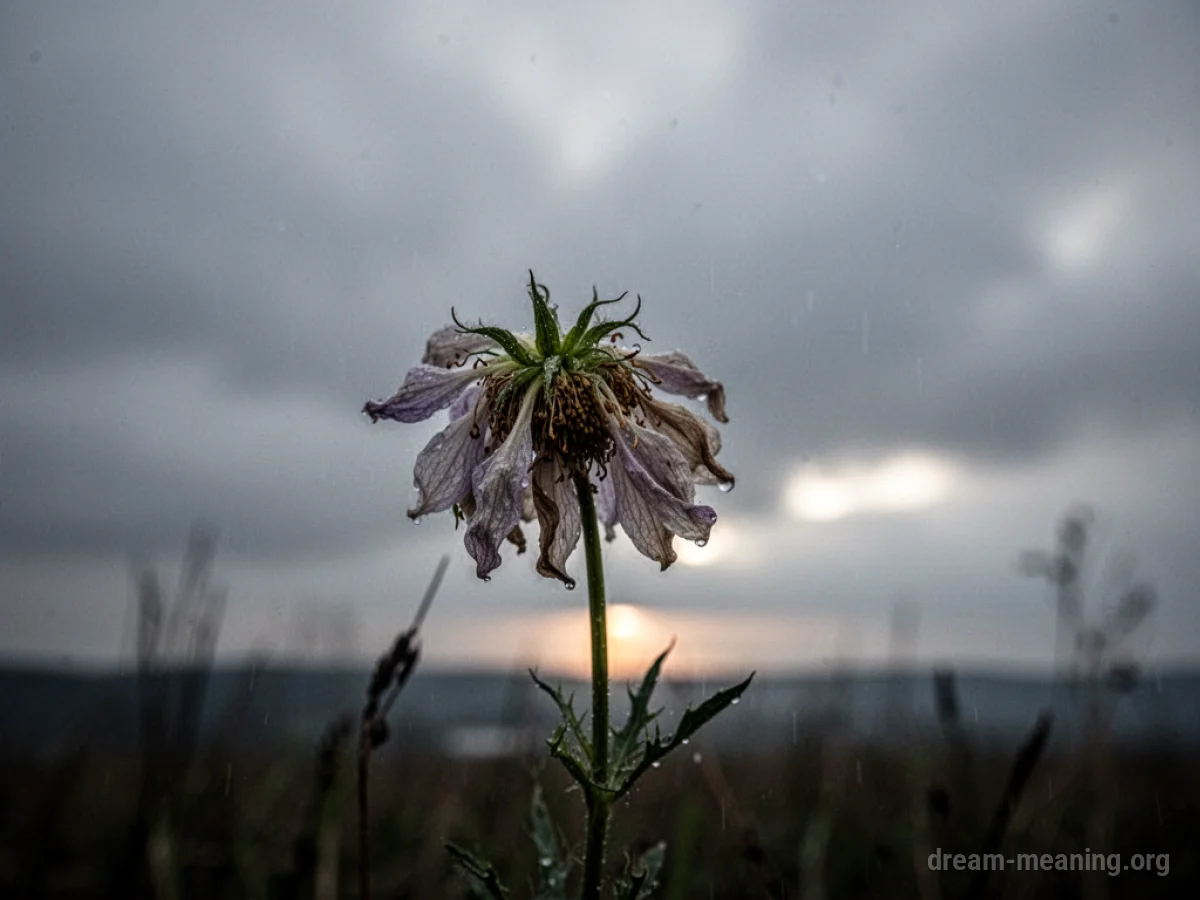 A single flower wilting under a gray, overcast sky.