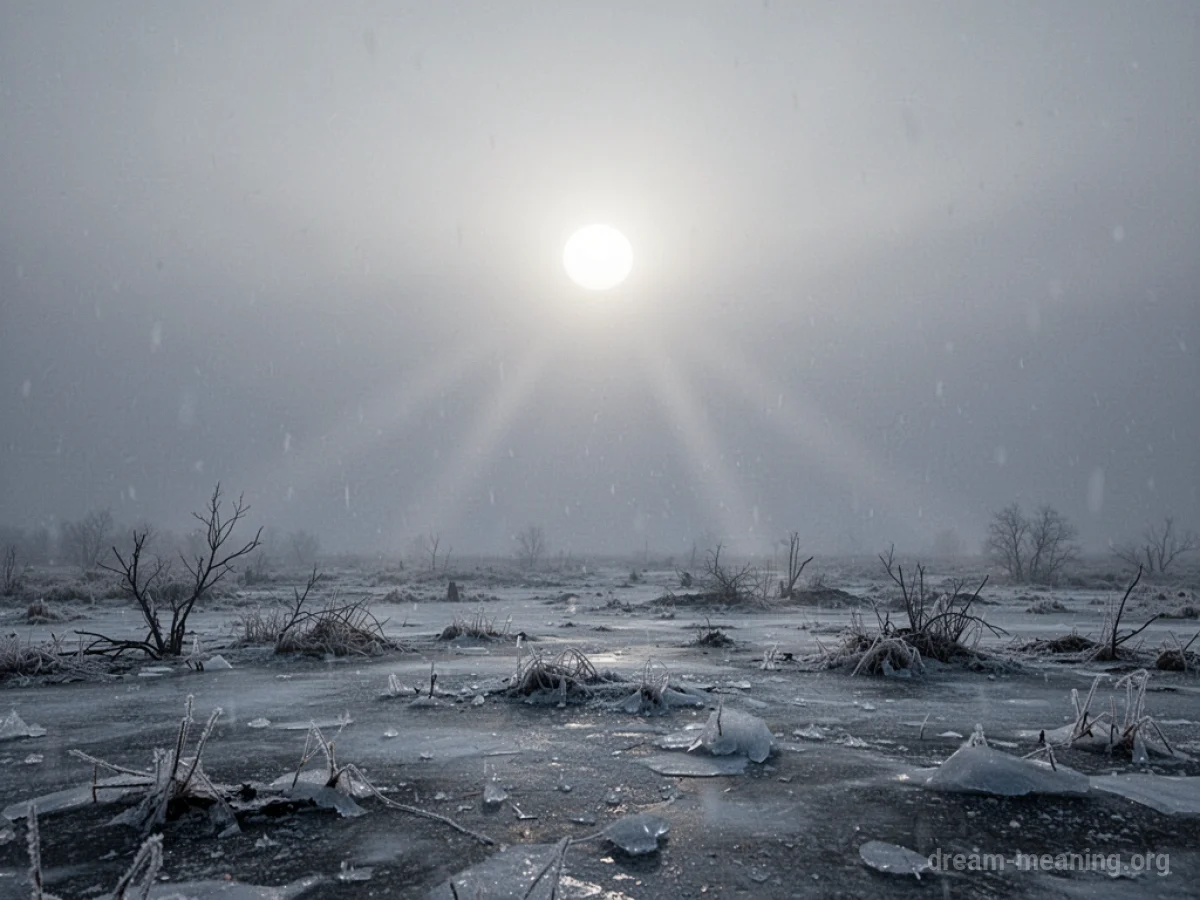A dim sun hangs low in an overcast sky above a barren, icy plain.