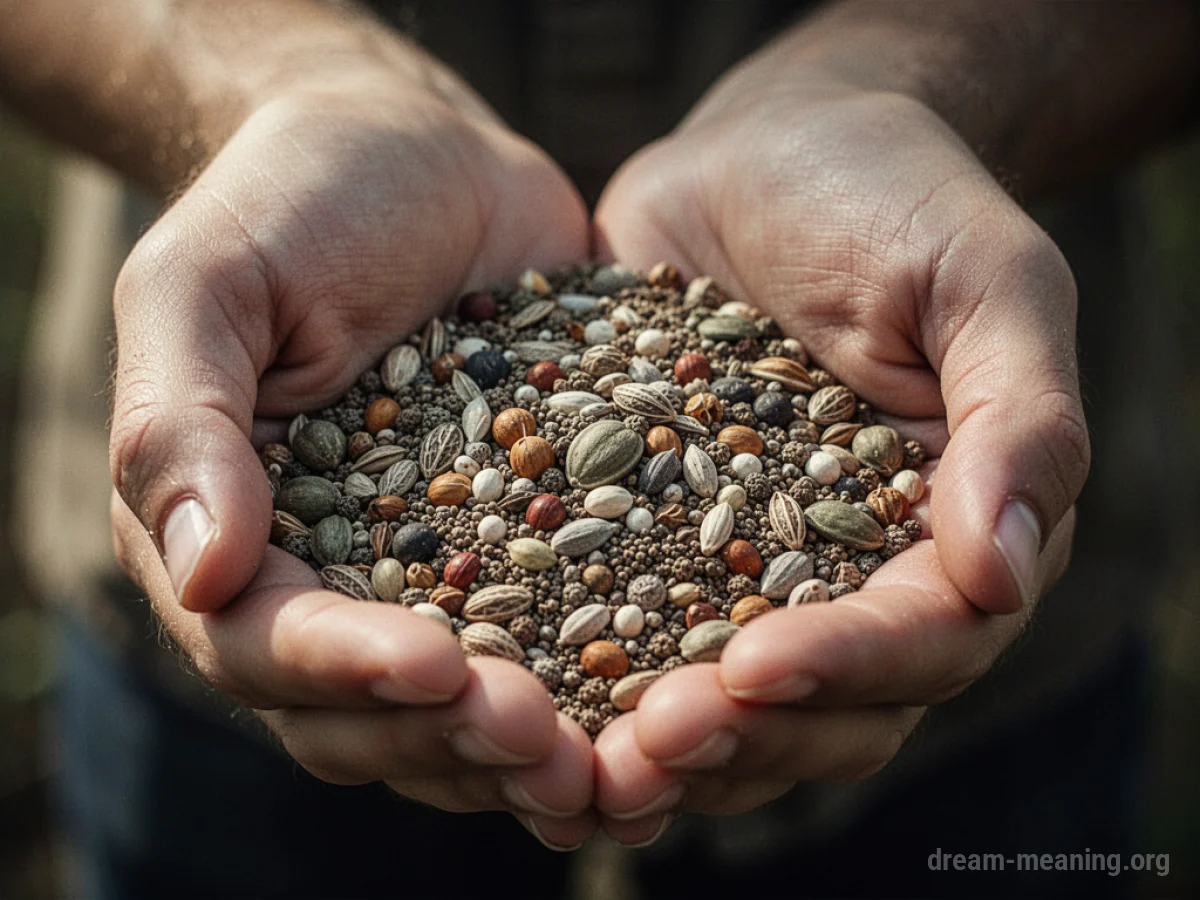 Hands holding a variety of small seeds.