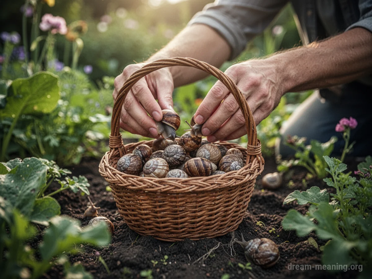 Hands gathering snails into a basket.