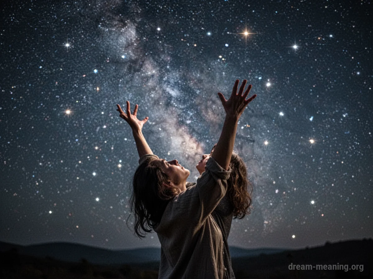 A person's hand reaching towards a starry night sky.