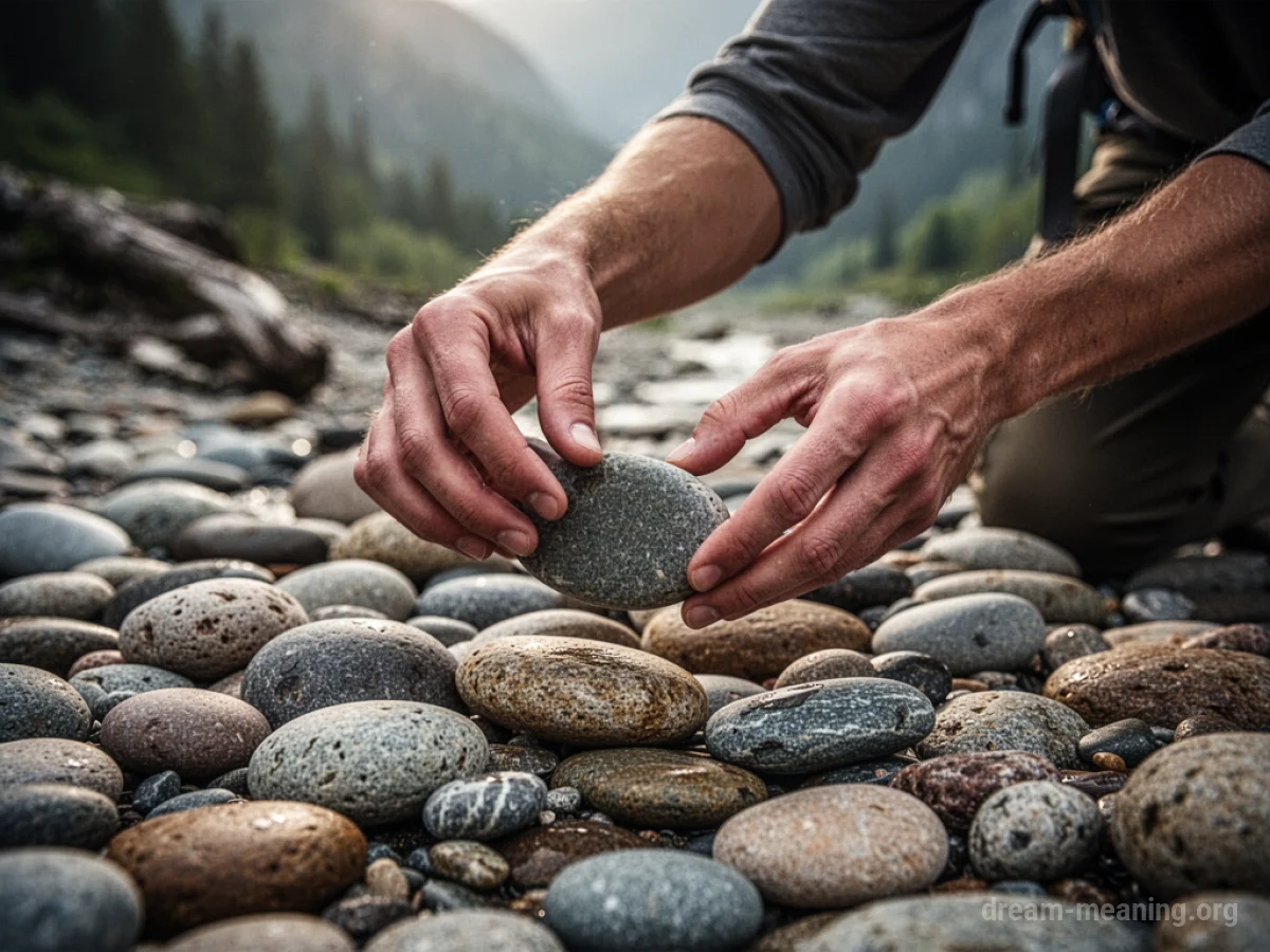 Hands gathering smooth stones from the ground.