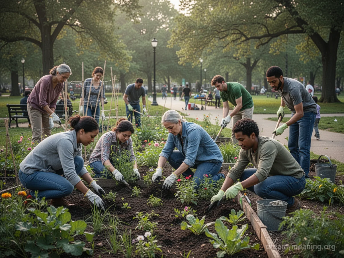 People working together outdoors in a park and garden.