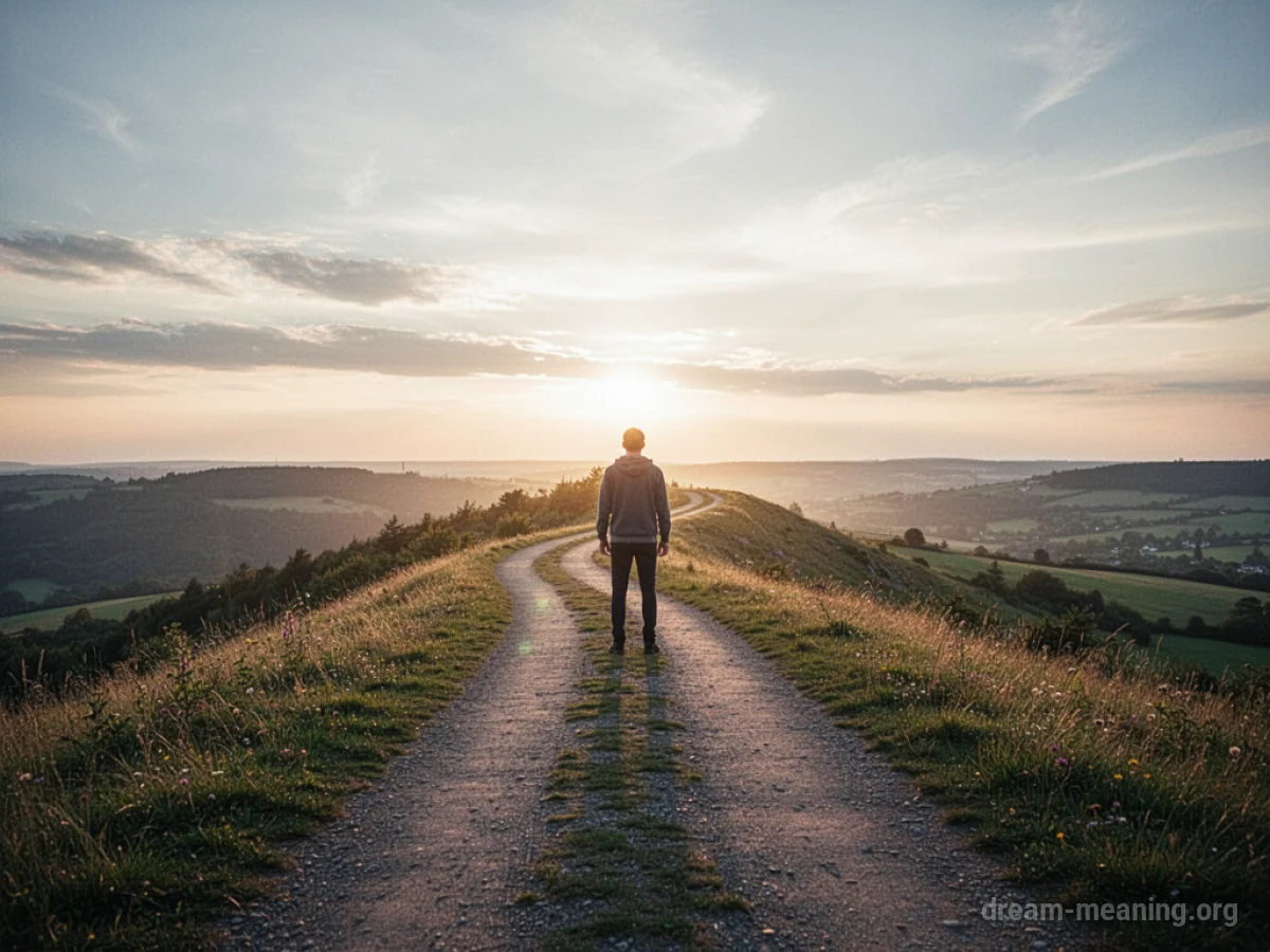 A person stands at the end of a path looking at a bright horizon.