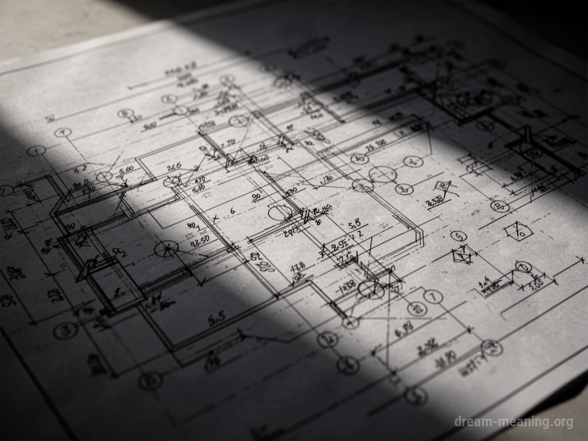 An intricate blueprint with overlapping lines and symbols, partially in shadow.