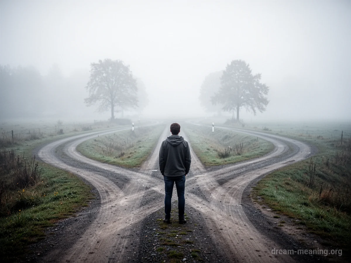 A person stands at a foggy crossroads with many paths.