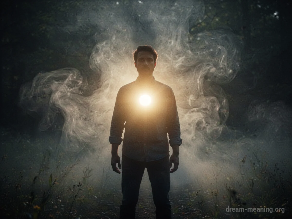 A person's silhouette with a bright light at its center, enveloped by soft mist.