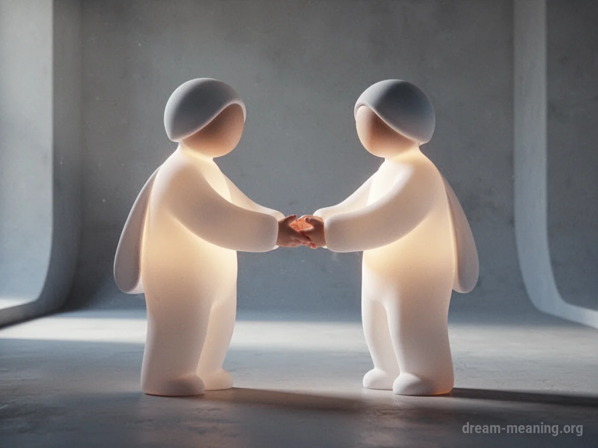 Two abstract figures with soft light connecting hands.