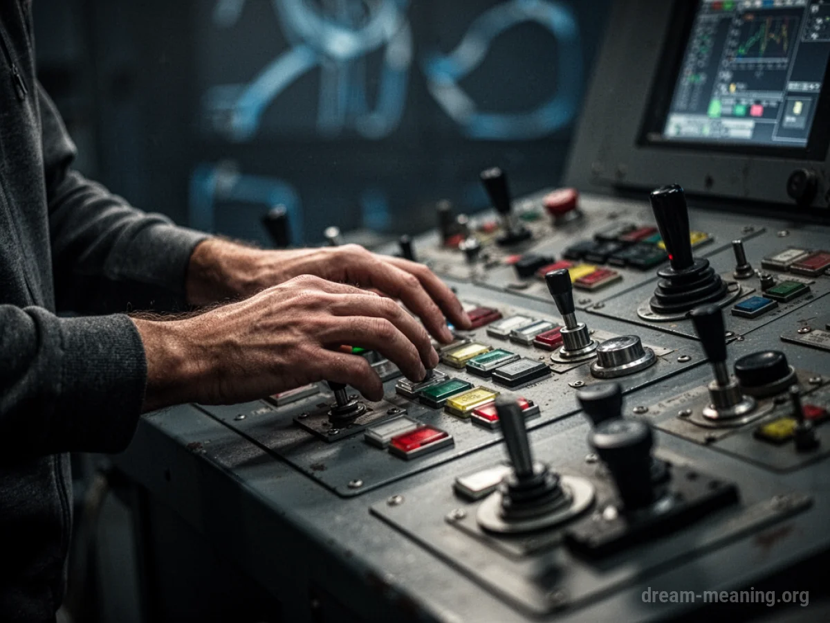 Close-up of hands manipulating controls on a large, intricate dashboard.