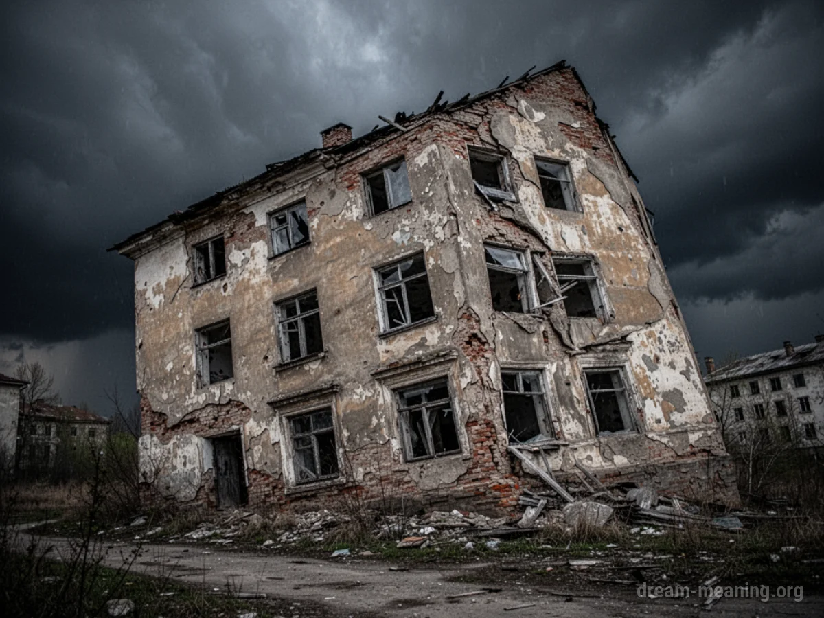 A broken down building with a tilted structure.