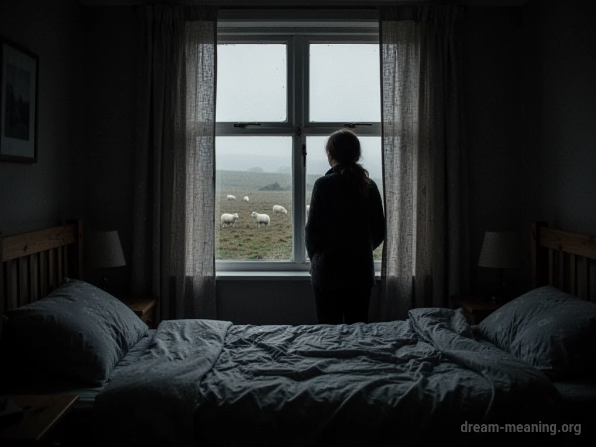 Silhouette of a person in a bedroom looking out a window at distant, faint sheep.