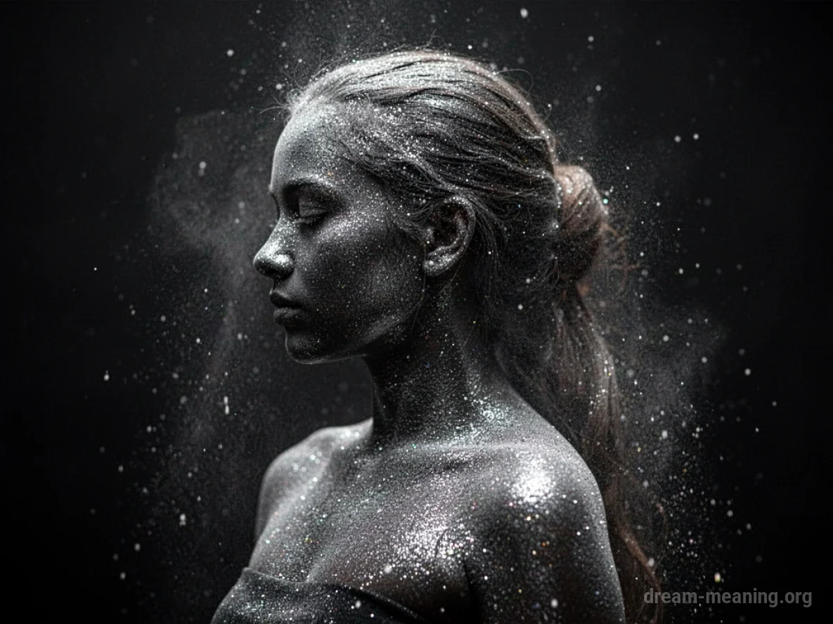 Silhouette of a person dusted with fine silver particles.