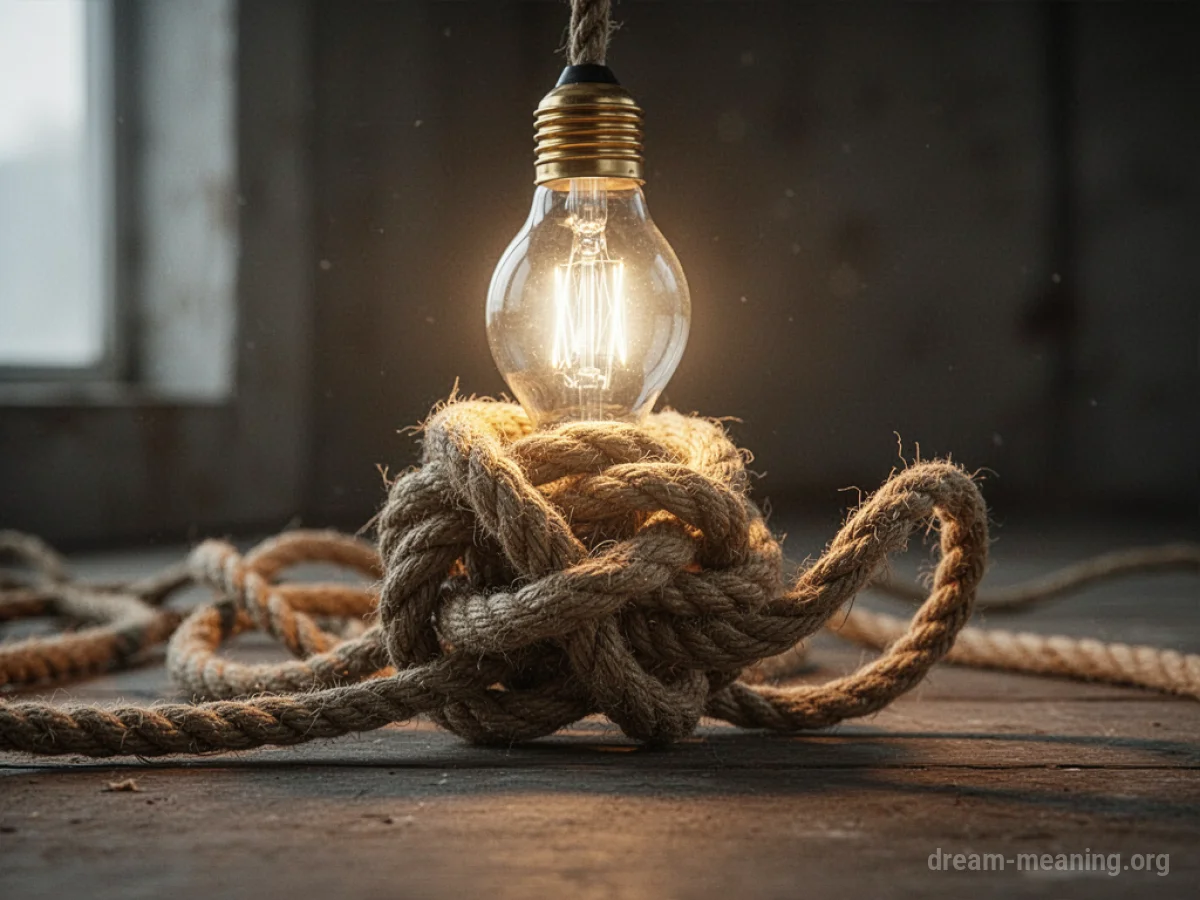 A glowing lightbulb above a tangled rope with one section being straightened out.