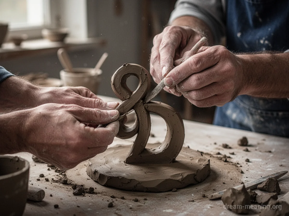 Hands shaping a symbol from clay.