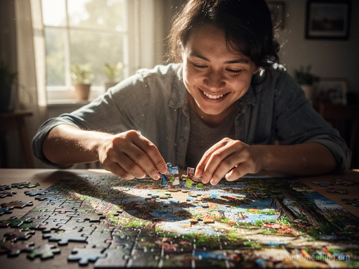 A person completing a large jigsaw puzzle.