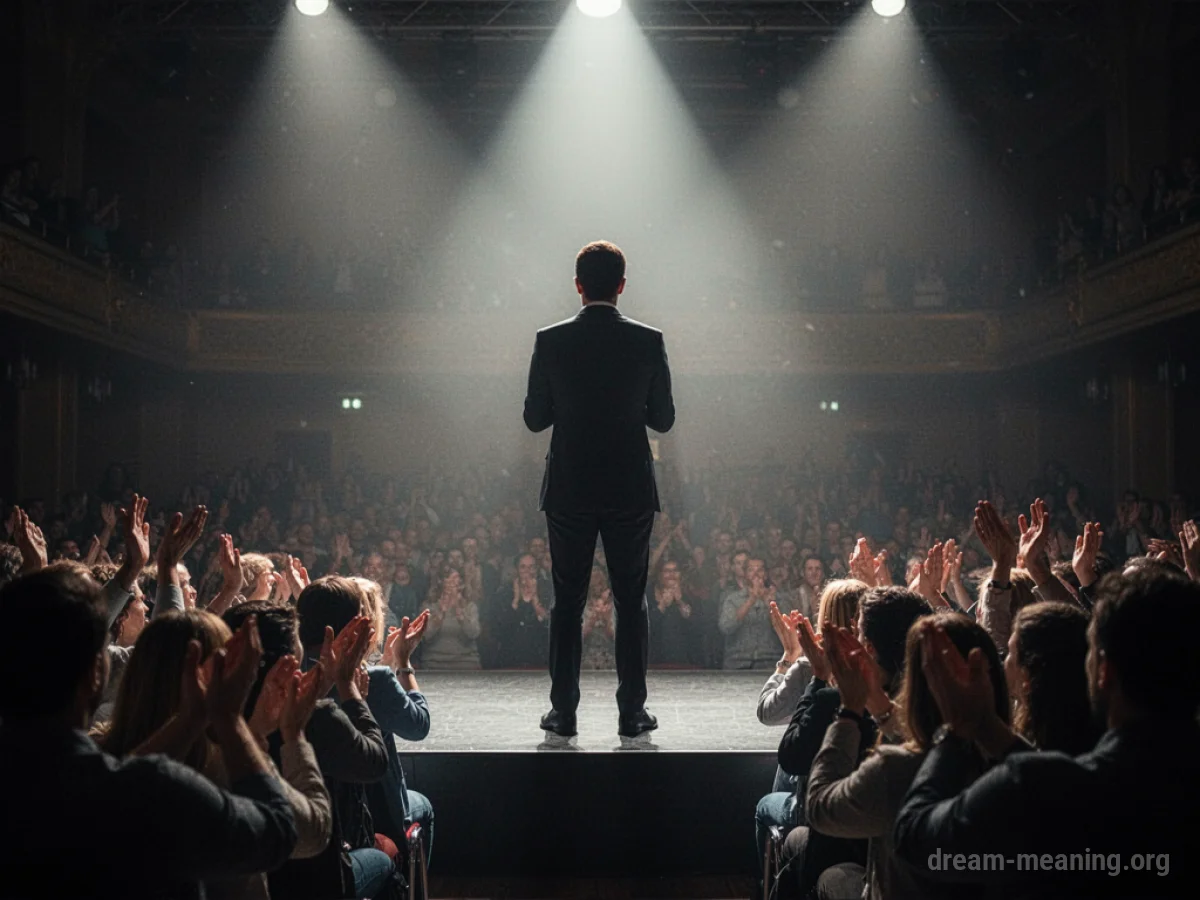 Silhouette of a person on a stage with hands clapping in front of them.