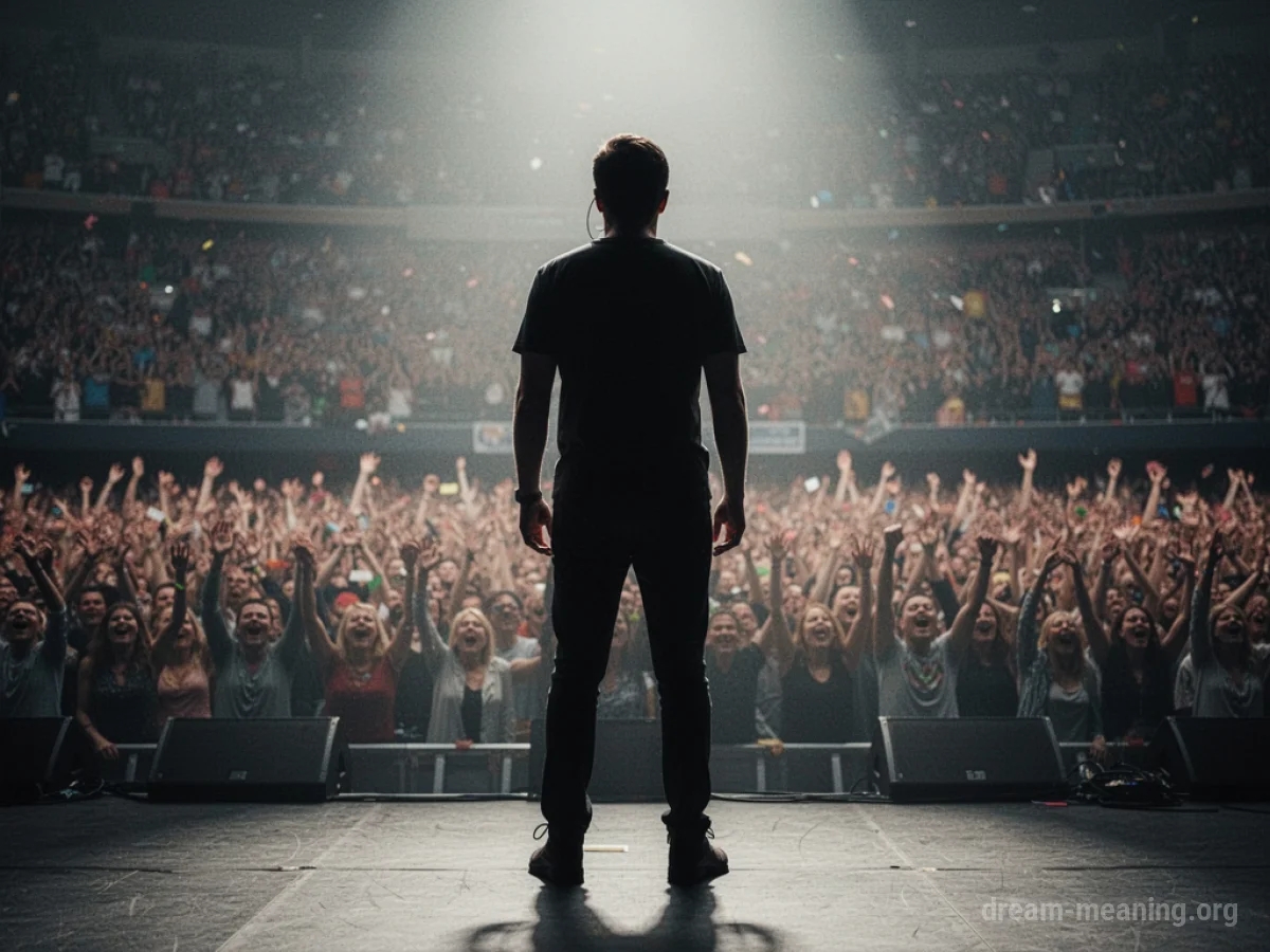 Silhouette of a person on a stage with a cheering crowd in the background.