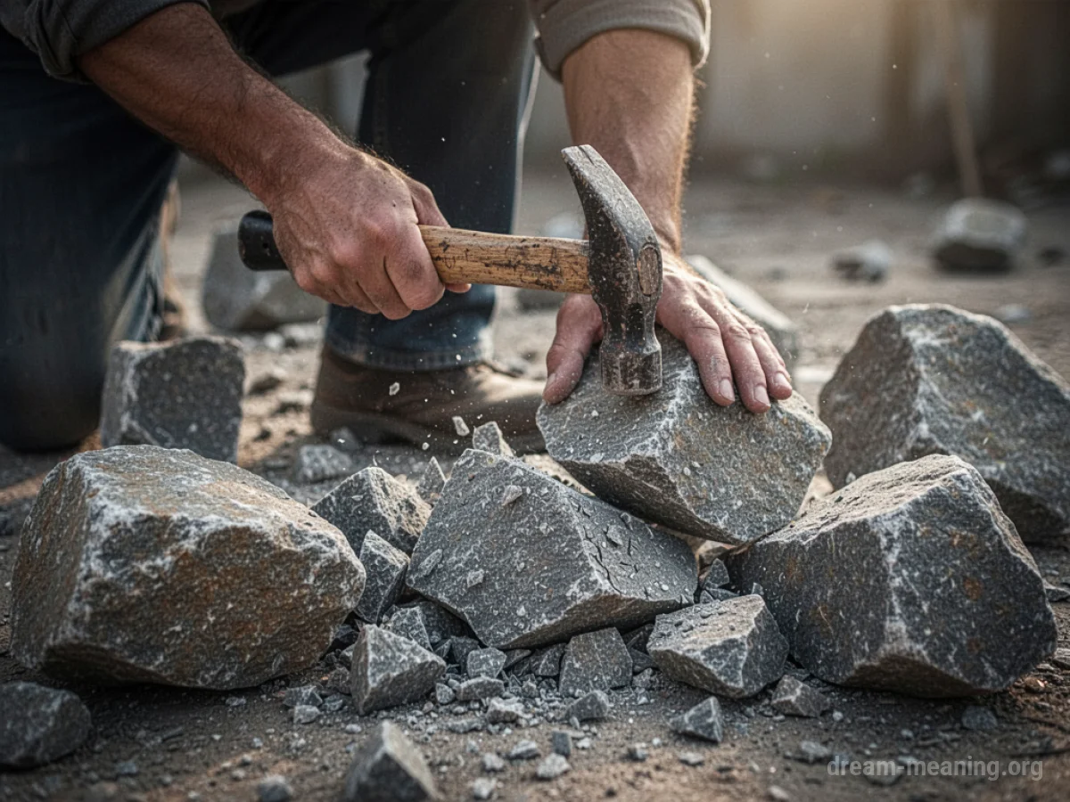 Hands breaking large stones with a hammer.