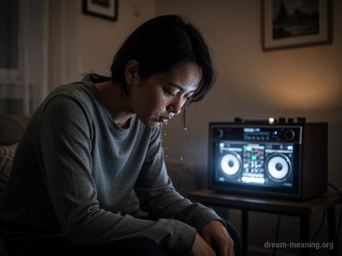 A person weeping while listening to music in a quiet room.
