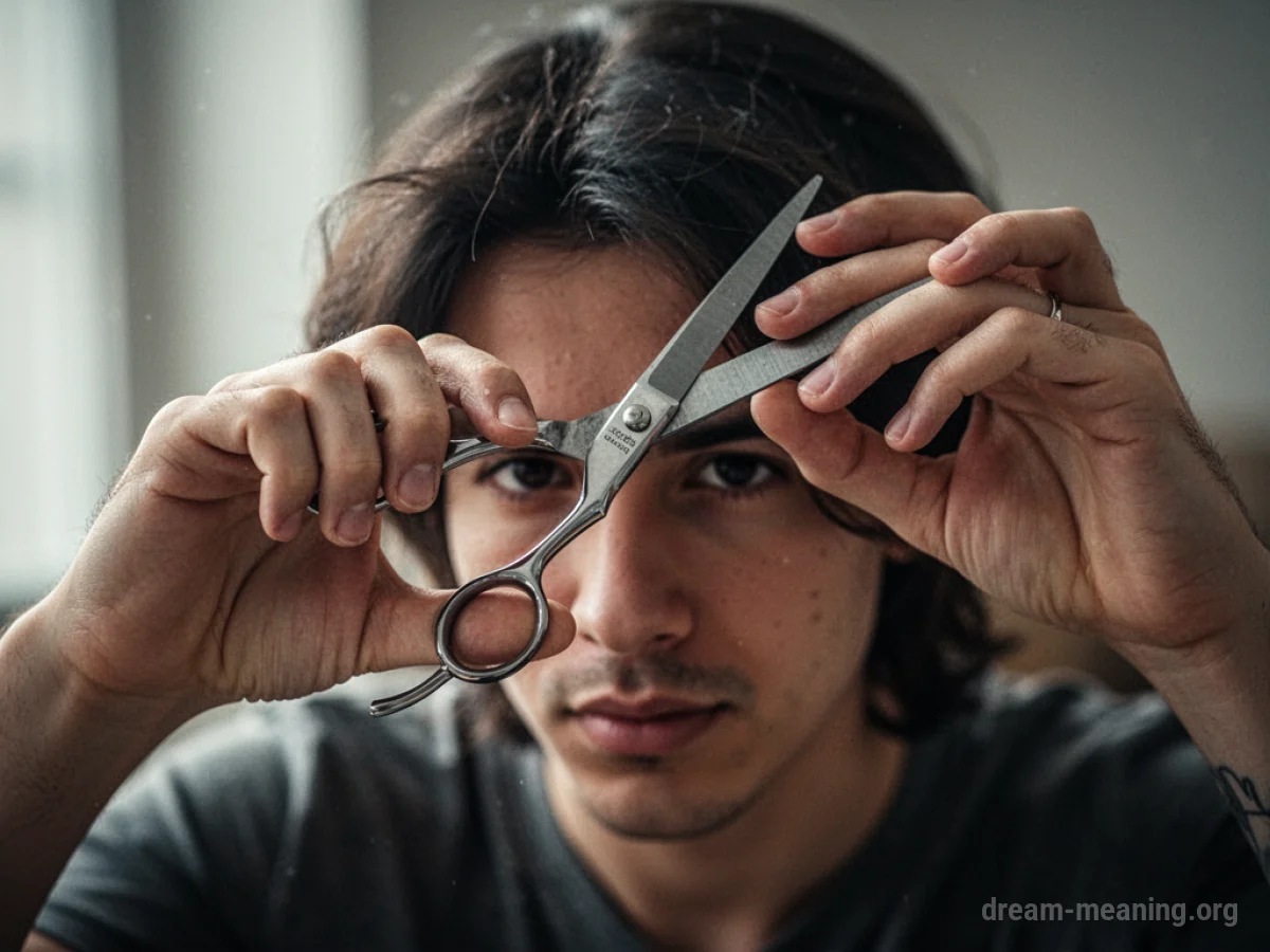Hands holding scissors near a person's head.