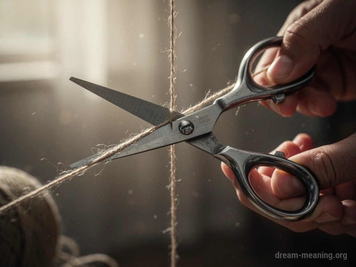 A close-up of sharp scissors about to cut a thin thread.