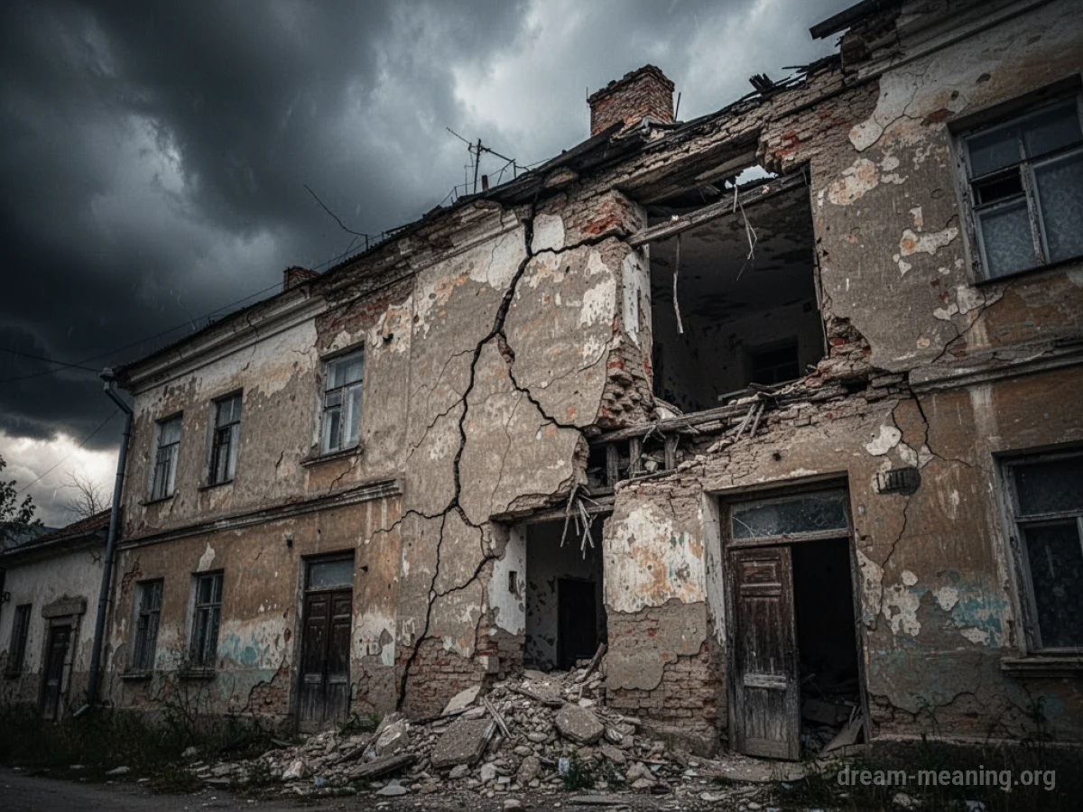 A partially collapsed building with visible cracks and missing sections.