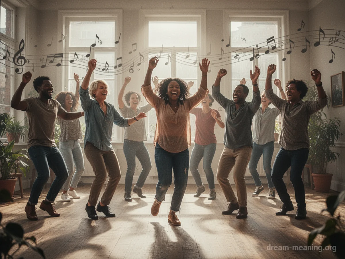 Silhouettes of people dancing energetically in a bright, abstract space.