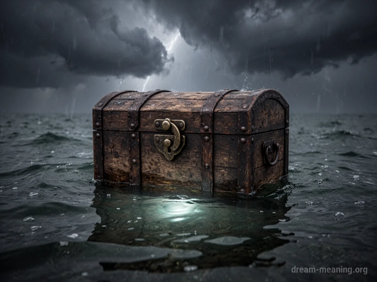 A locked wooden chest partially submerged in dark water.