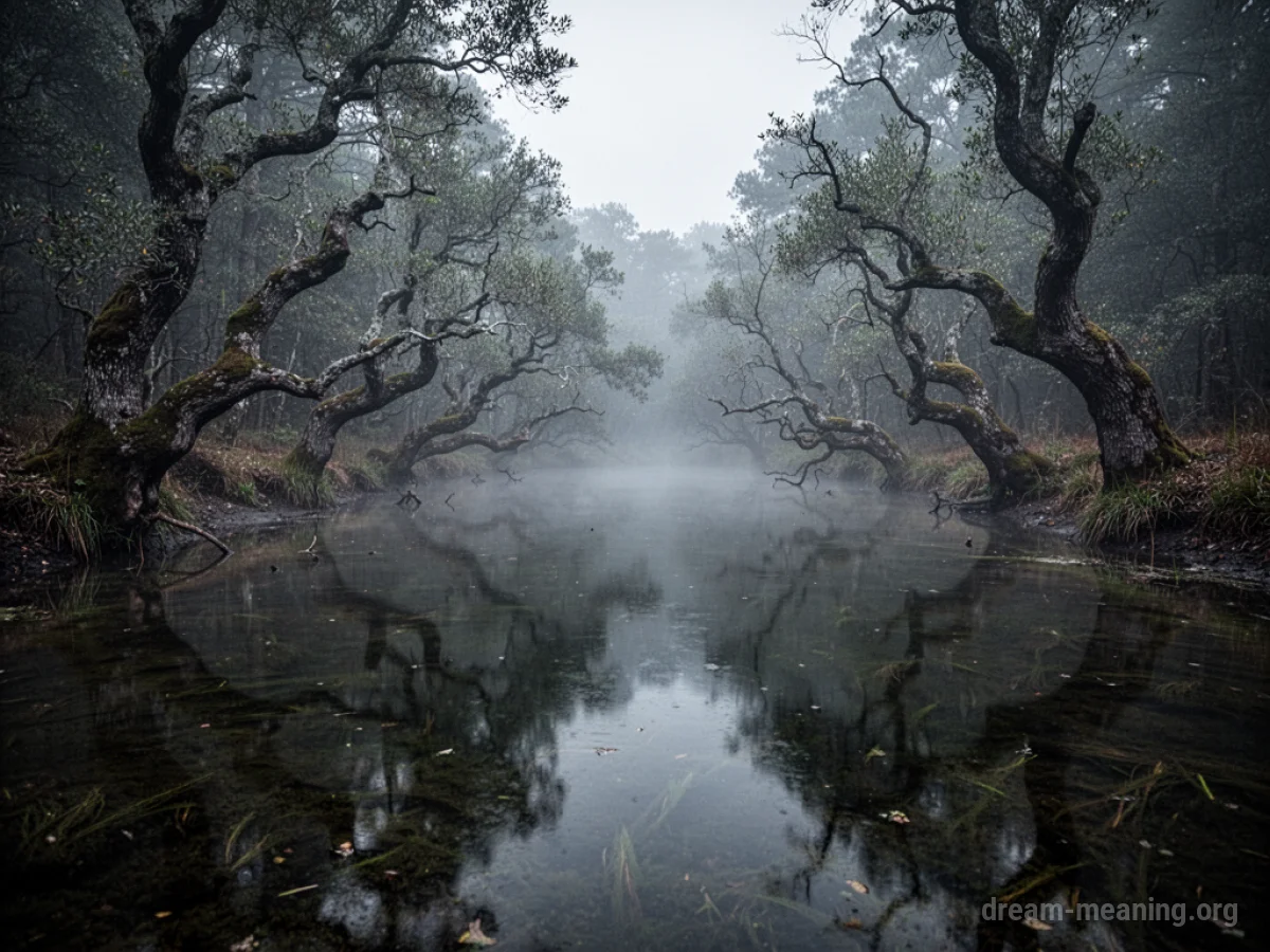 A shadowy swamp with thick mist and visible tree roots submerged in dark water.