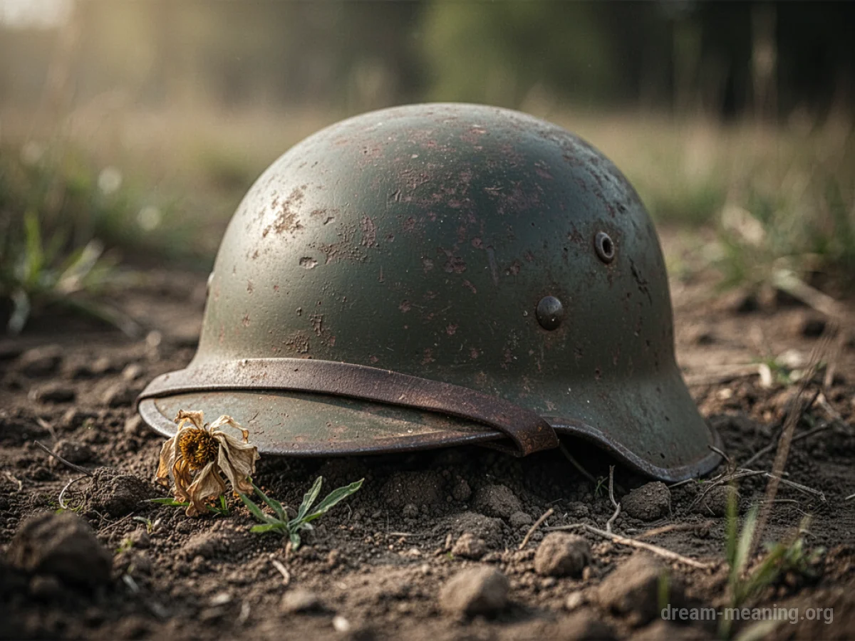 A military helmet lying on the ground next to a small flower.