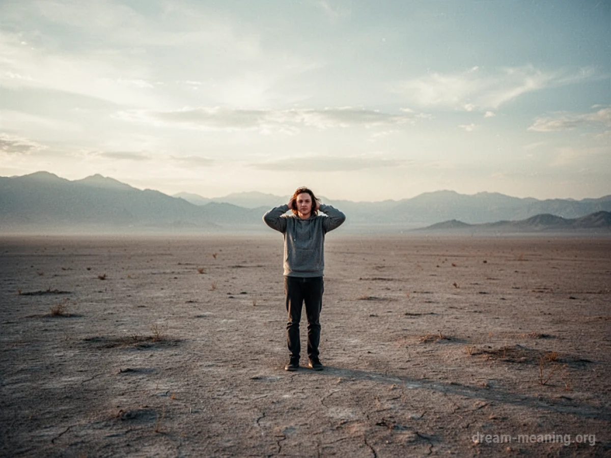 A lone person stands in an empty, silent landscape with their hands over their ears.