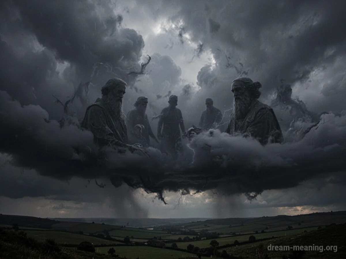 Shadowy figures appear within dark, stormy clouds in the sky.
